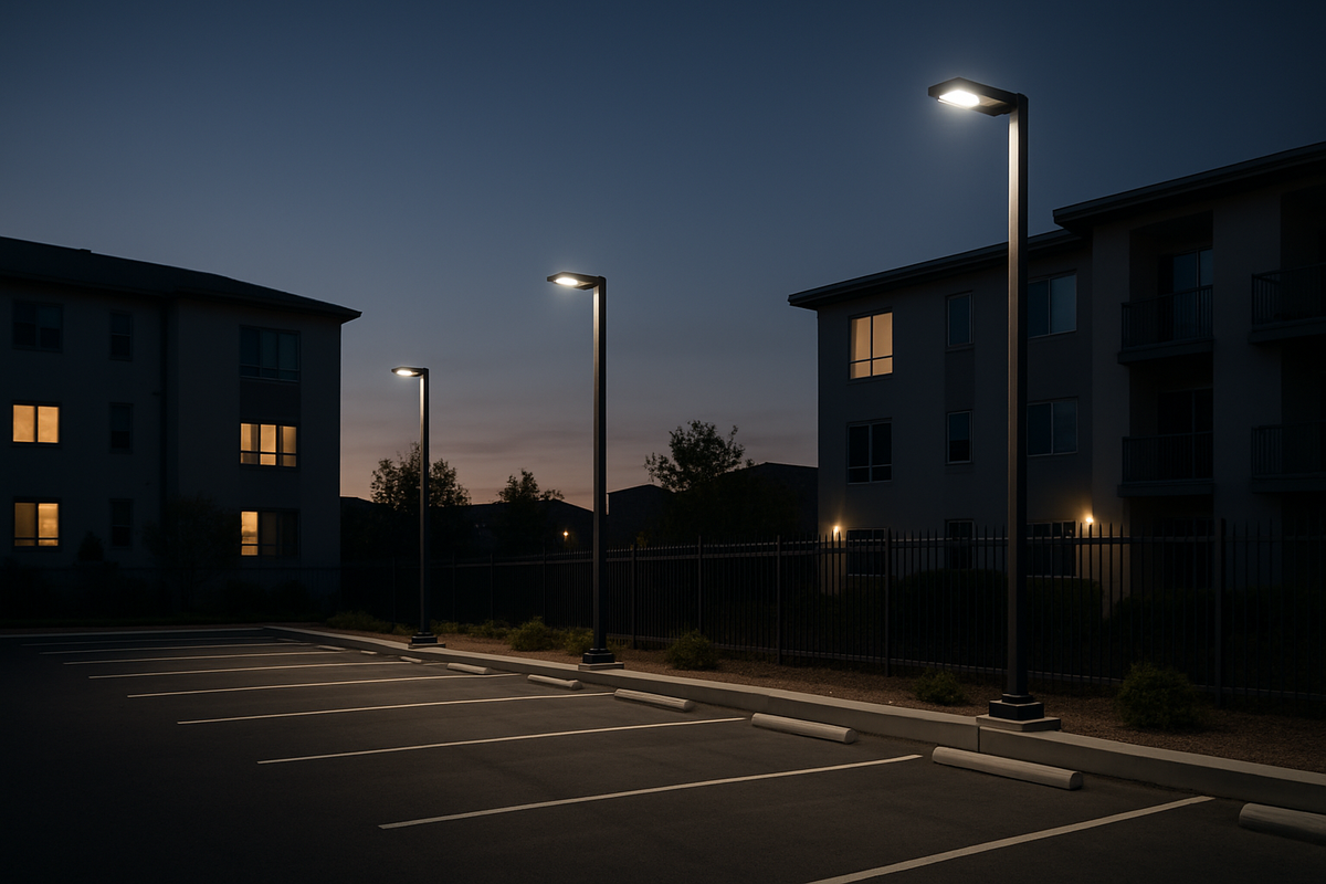 HOA parking lot at dusk with light poles and visible security concern