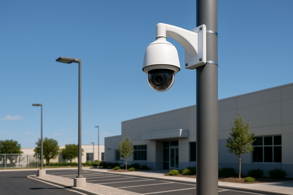 Security camera mounted on light pole in daytime