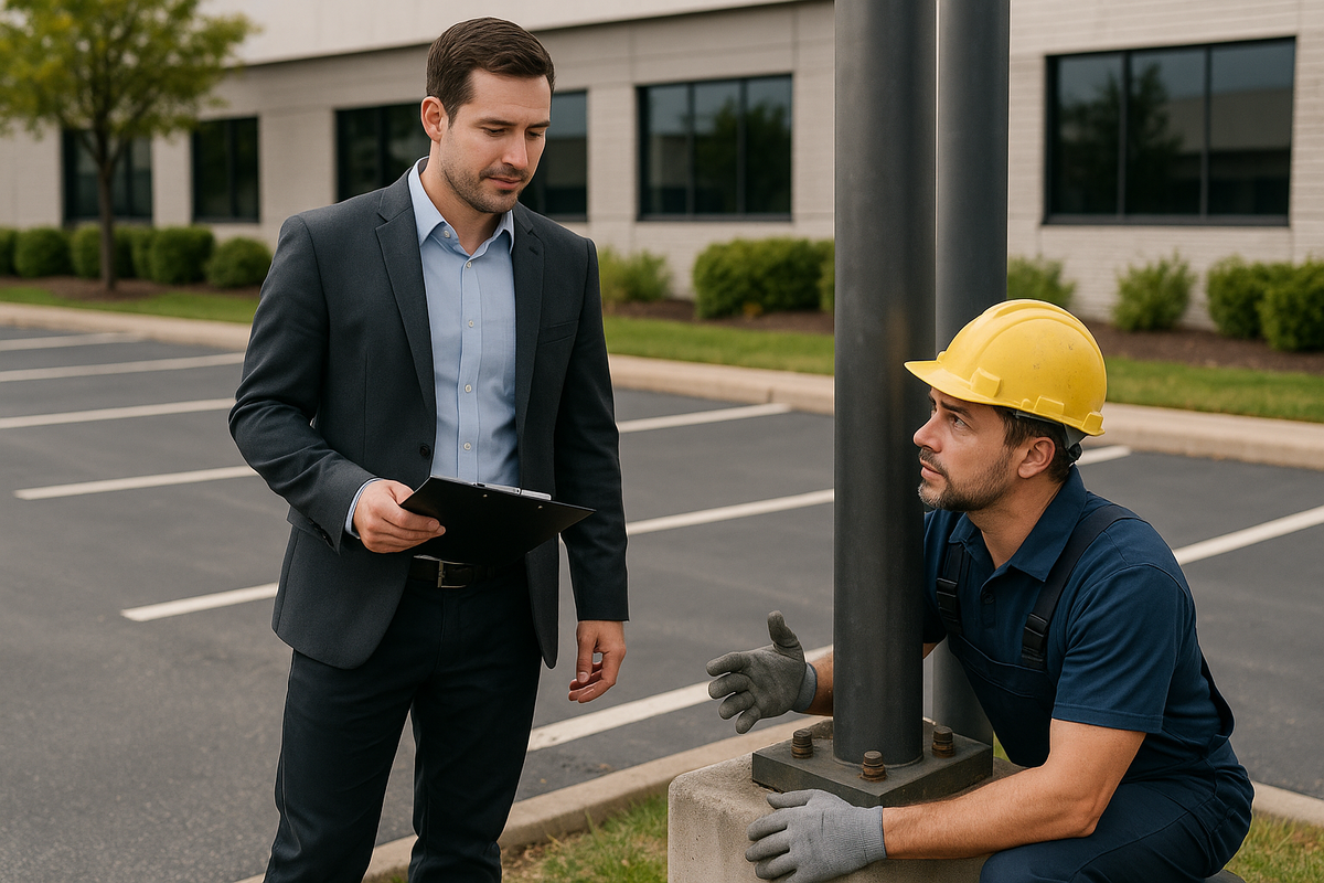 Property manager and contractor reviewing parking lot lighting infrastructure repairs