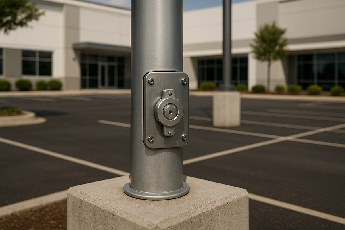 Light pole with locking hand hole cover protection device at a commercial property during daytime