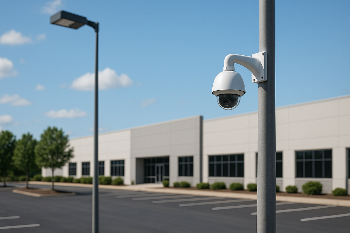 Security camera mounted on a light pole at a commercial site during daytime